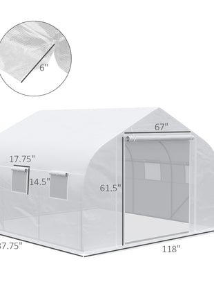 11.5' x 10' x 6.5' Walk-in Greenhouse, Tunnel Green House with Zippered Door and 6 Mesh Windows, Gardening Plant Hot House with Galvanized Steel Frame, White