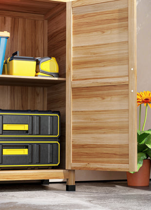 Wooden Storage Cabinet, Outdoor Prep Table w/ Metal Tabletop, Shelves and Double Doors for Patio, Garden, Natural Wood