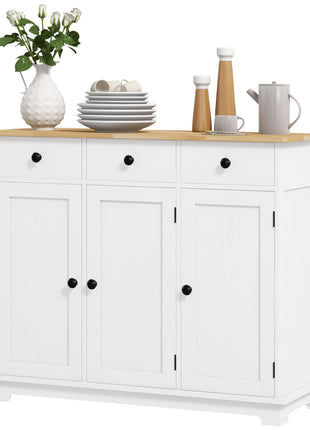 Kitchen Storage Cabinet, Sideboard Floor Cupboard with Solid Wood Top, Adjustable Shelf, and 3 Drawers, White