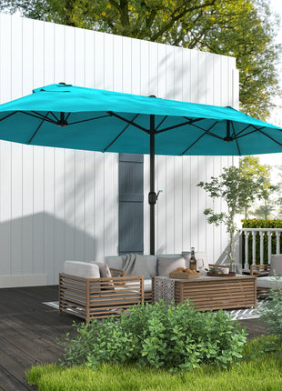 Patio Umbrella, 15' Steel Rectangular Outdoor Double Sided Market Umbrella with Base, Sun Protection & Easy Crank, Blue