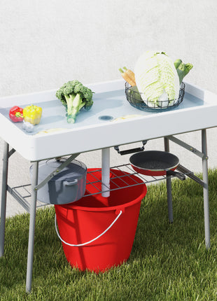 3.4ft Folding Ice Cooler Table with Drain, Fill and Chill Table Outdoor Table Cooler with Storage Shelf, Drink Cooler for Parties Picnic BBQ Camping Wedding, White