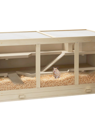 45" Extra Large Wooden Hamster Cage, 3-Layer Rat Cage with Opening Roof, PVC Window, Small Animal Habitat for Gerbil, Dwarf & Syrian Hamsters, Natural