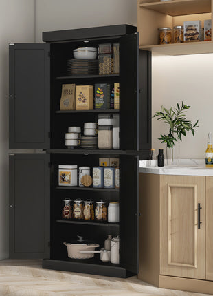 72" Kitchen Cabinet, Pantry Storage Cabinet with Doors and Shelves, Freestanding Food Pantry Cabinet, Black