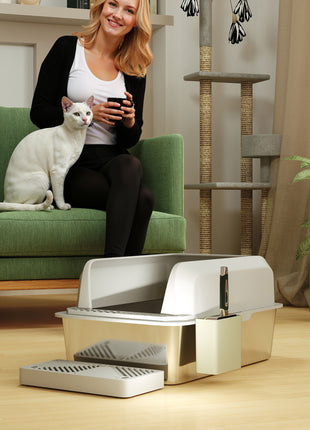 Stainless Steel Litter Box with Metal Scoop & Scoop Holder, High Sided, Anti-Urine Leakage, Non-Sticky