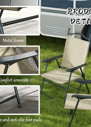 4 Piece Folding Patio Camping Chair Set, Sports Chairs for Adults with Armrests, Mesh Fabric Seat for Lawn, Beige