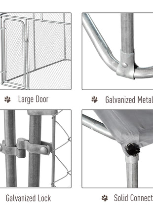 Outdoor Dog Kennel Galvanized Steel Fence with Cover Secure Lock Mesh Sidewalls for Backyard 9.8' x 9.8' x 7.7'