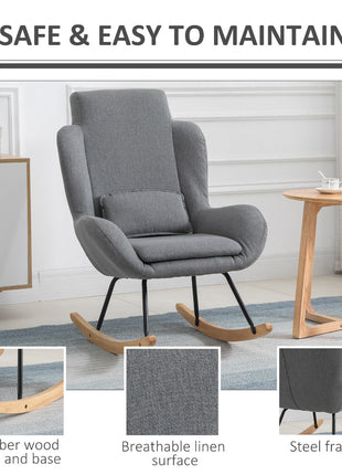 Modern Rocking Chair with Removable Lumbar Pillow Fabric Sofa Armchair with Thick Padding, Metal Frame, Wood Base for Living Room, Light Gray