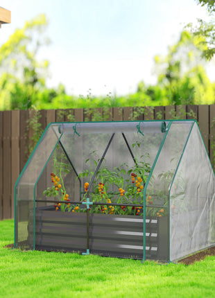 4 x 3ft Raised Garden Bed with Mini Greenhouse, Galvanized Raised Garden Bed with Cover, Clear and Dark Gray