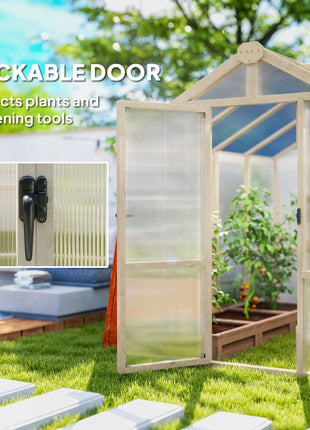 6.6 x 8 ft. Polycarbonate Greenhouse Wooden Walk-in Greenhouse Kit with Thickened Panels, Roof Vent, and Lockable Door