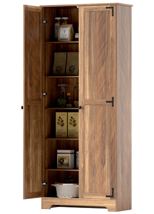 72" Farmhouse Pantry Cabinet, Freestanding Food Pantry Cabinet with Adjustable Shelves, Brown