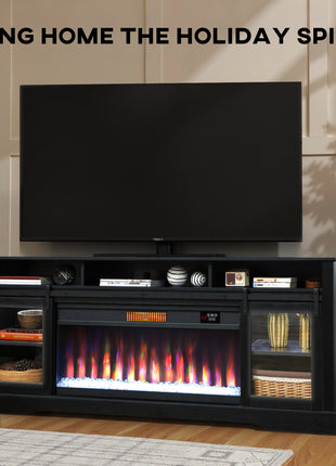 Fireplace TV Stand for TVs Up to 80 Inch, TV Console with Electric Fireplace, Open Storage and Side Cabinets, Black