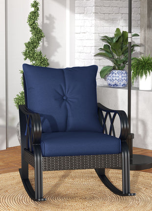 Outdoor Wicker Rocking Chair with Padded Cushions, Aluminum Furniture, Rattan Porch Rocker Chair w/ Armrest, Navy Blue