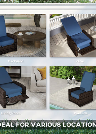 Outdoor Wicker Swivel Recliner Chair, Lifting Footrest, 360° Rotating Basic, Water-resistant Cushions, Dark Blue