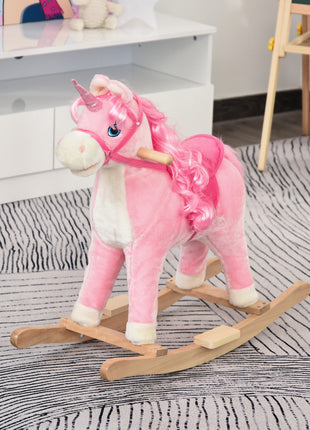 Kids Rocking Horse, Ride on Unicorn with Wooden Base, Tail Wag & Sounds for Toddlers 3-6 Years Old, Pink