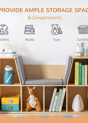 6-Cubby Kids Bookcase with Reading Nook and Cushion, Multi-Purpose Storage Organizer for Bedroom, Living Room, Natural