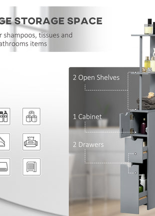 54" Tall Bathroom Storage Cabinet, Freestanding Linen Tower with 2-Tier Shelf and Drawers, Narrow Side Floor Organizer, Grey