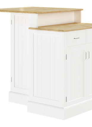 Kitchen Island with 2-Level Rubber Wood Tabletop, Island Table with Adjustable Shelves and Drawers, White