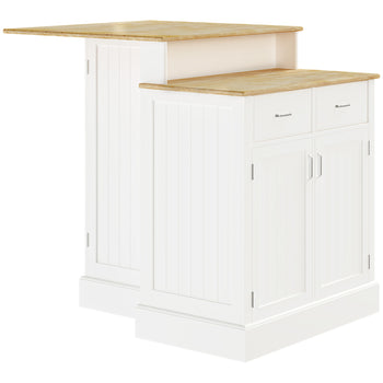 Kitchen Island with 2-Level Rubber Wood Tabletop, Island Table with Adjustable Shelves and Drawers, White