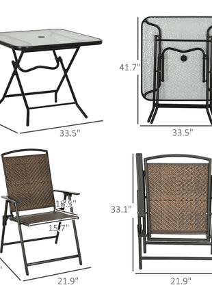 5 Pieces Patio Table and Chairs, Foldable Wicker Outdoor Dining Table Set with Umbrella Hole, Dark Brown