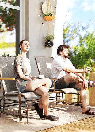 Outdoor 2-Person Glider Bench, Outside Glider Swing Chair Loveseat with Table, Steel Frame, Light Mixed Brown