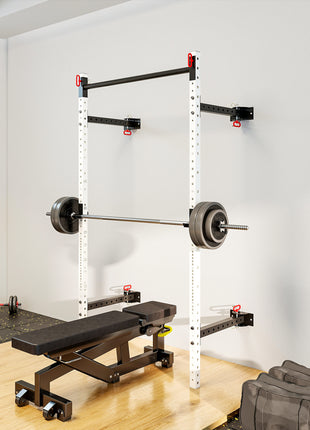 Folding Squat Rack with Pull Up Bar, Wall Mounted and Adjustable, 1000 Pounds Capacity Power Rack, White