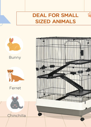 32"L 4-Level Small Animal Cage Rabbit Hutch with Universal Lockable Wheels, Slide-out Tray for Bunny, Chinchillas, Ferret, Black