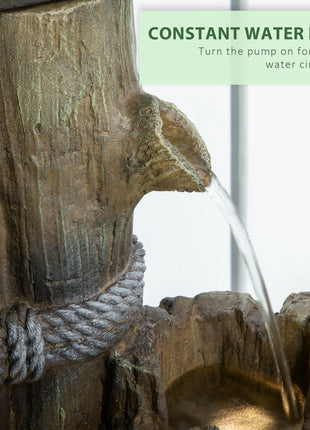 Outdoor Fountain with Birdhouse, Cascading Garden Waterfall Bird Bath with 3-Tier Rustic Tree Trunk / Log Design, LED Lights for Porch, Deck, Yard Decor, Brown