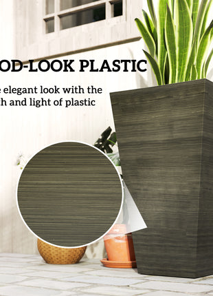 Set of 3 Tall Planters, 28" Outdoor Planter w/ Drainage Holes, Faux Wood Plastic Flower Pots, Dark Brown