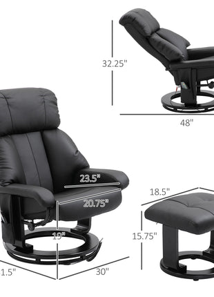 Massage Recliner Chair with Ottoman, 360° Swivel Recliner and Footstool, 10 Point Vibration, PU Leather Reclining Chair with Side Pocket and Remote Control, Black