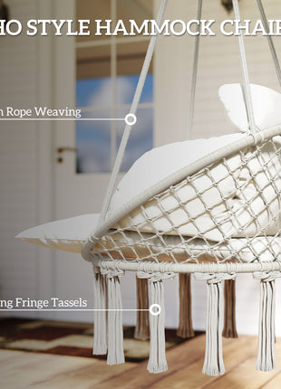 Hammock Swing Chair, Macrame Hanging Chair with Large Cushion, Chain, Steel Frame for Indoor Outdoor Use, Cream White