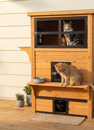 Outdoor Cat House, 3-Tier Kitty Shelter with 5 Escape Doors, Weather Resistant, Yellow & Black