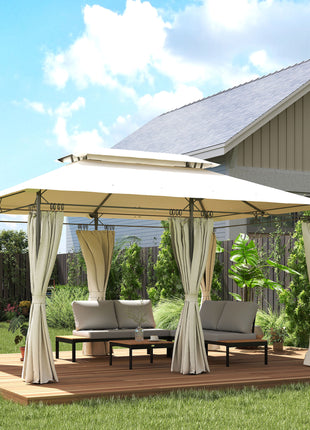 10' x 13' Double Roof Patio Gazebo, Outdoor Gazebo with Curtains, for Garden, Lawn, Backyard and Deck, Cream White