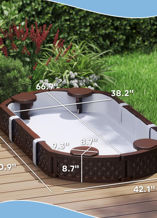 Kids Sandbox with Cover, 4 Corner Seats, Bottom Liner for Backyard, Garden, Outdoor, 71" x 42" W x 9", Dark Brown