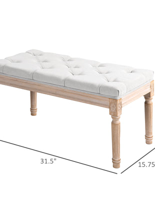 32" Linen Upholstered Bedroom Bench, French End of Bed Bench with Thick Padded Cushion and Wooden Legs, Cream White