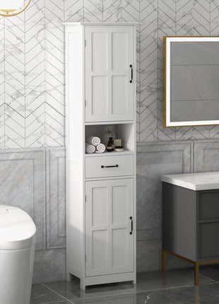 Modern Bathroom Cabinet, Narrow Storage Cabinet with Open Shelf, Drawer, Recessed Doors and Adjustable Shelves, White