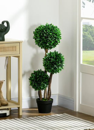 3ft Artificial Tree, Triple Ball Boxwood Topiary with Pot and Sandalwood Leaves, for Indoor Outdoor Home