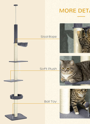 Floor To Ceiling Cat Tree, 5-Tier Cat Climbing Tower, 95''-106'' Height Adjustable with Carpeted Platforms, Cozy Bed, Hammock, Scratching Post & Toy Ball for Indoor Cats, Dark Gray and Cream
