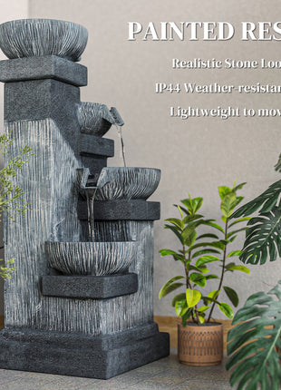 33.5" Water Fountain, 4-Tier Resin Cascading Bowls Outdoor Waterfall Fountain with LED Lights, Pump