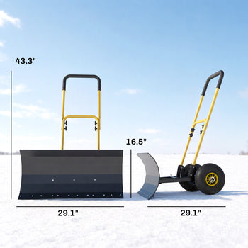 Snow Shovel with Wheels, 29" x 16.5" Metal Snow Pusher with Adjustable Handle, 5-Angle Blade for Driveway, Yellow