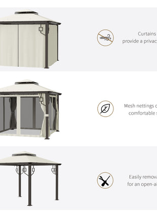 10' x 10' Patio Gazebo, Double Roof Outdoor Gazebo with Privacy Curtains, Mesh Netting, Aluminum Frame Outdoor Canopy Shelter, Cream White