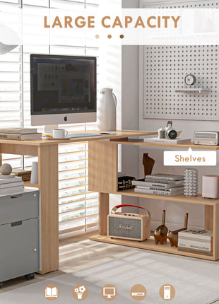 L Shaped Corner Desk, 360 Degree Rotating Home Office Desk with Storage Shelves, Writing Table Workstation, Maple