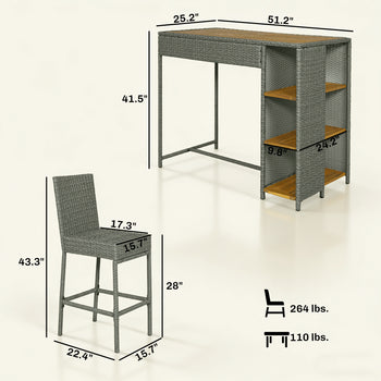 5 Piece Wicker Outdoor Bar Set, Acacia Wood Outdoor High Top Table and Chairs with 3 Tier Shelves, Cushions, Gray