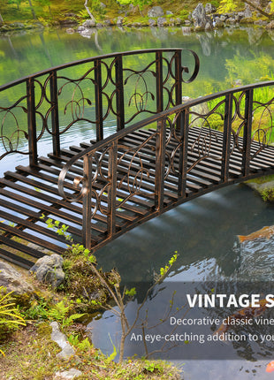6' Metal Arch Backyard Garden Bridge with 660 lbs. Weight Capacity, Safety Siderails, Vine Motifs, Easy Assembly for Backyard Creek, Stream, Pond, Brown