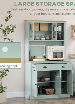 Kitchen Pantry Storage Cabinet with Microwave Stand, 71" Modern Kitchen Hutch with Open Countertop, Glass Doors, Storage Drawers and Adjustable Shelves for Dining Room, Coffee Bar, Light Green