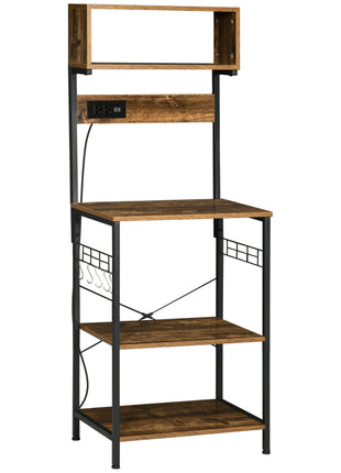 Kitchen Bakers Rack with Power Outlet, USB Charger, Microwave Stand, Coffee Bar with Adjustable Shelves, 5 Hooks for Spices, Pots and Pans, Rustic Brown