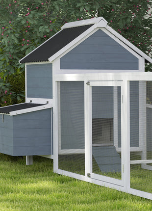 156" Extra Large Wooden Chicken Coop with 2 Nesting Box, Run Cage, Waterproof Wave Roof, for 10-15 Chickens, Light Gray