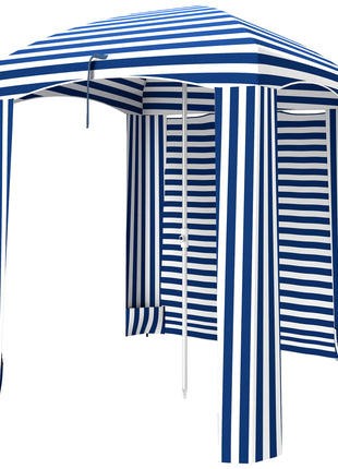 5.8' x 5.8' Cabana Umbrella with Walls, Vents, Ruffles, Carry Bag, Beach Umbrella, Blue White Stripe