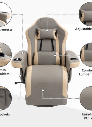 Manual Recliner Armchair PU Leather Lounge Chair w/ Adjustable Leg Rest, 135° Reclining Function, 360° Swivel, Cup Holder and, Storage Pocket