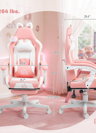 Cute Racing Gamer Chair, Faux Leather Gaming Chair with Footrest, Headrest and Lumbar Support, Pink