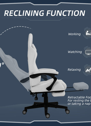 High Back PU Leather Gaming Chair, Racing Computer Chair with Swivel Wheels, Retractable Footrest, Headrest, Lumbar Support, and Armrest, White and Pink